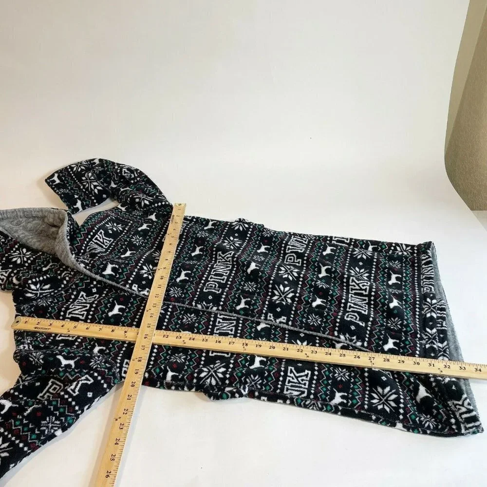Victoria's Secret PINK Reversible Robe Black XS Hooded Plush Fair Isle‎ Fleece
